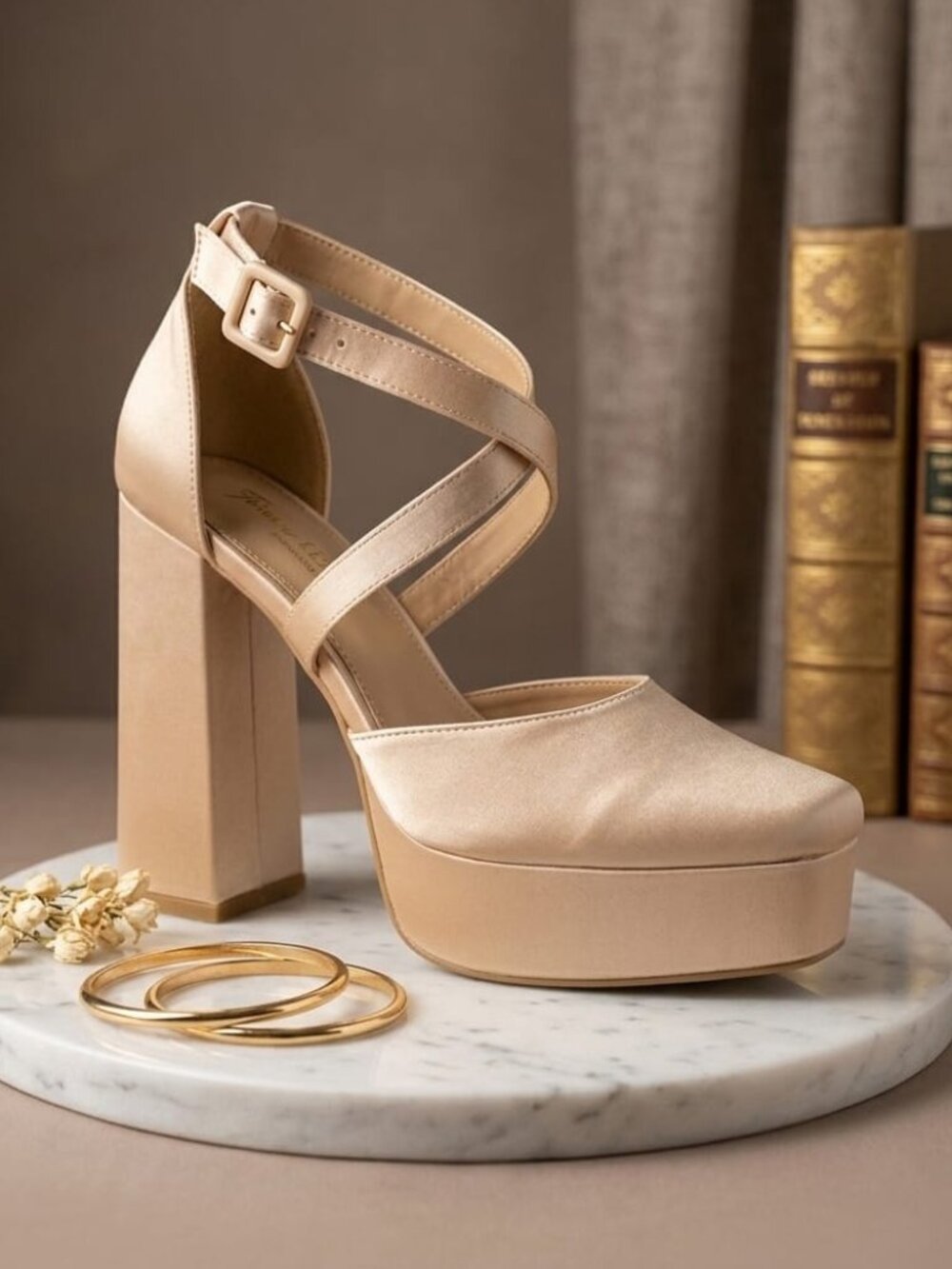 Block Heel Satin Platform Shoes With Cross-Strap Design Elegant Champagne Evenin
